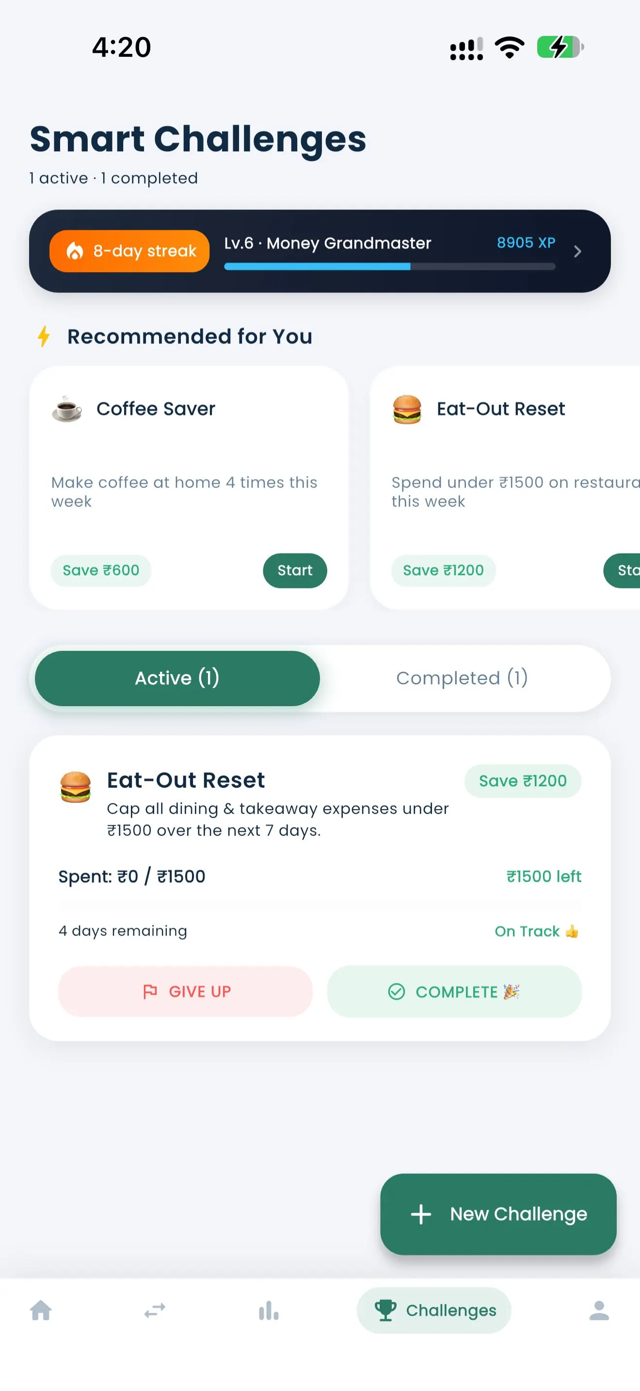 Spend Savvy savings challenges and streaks screen