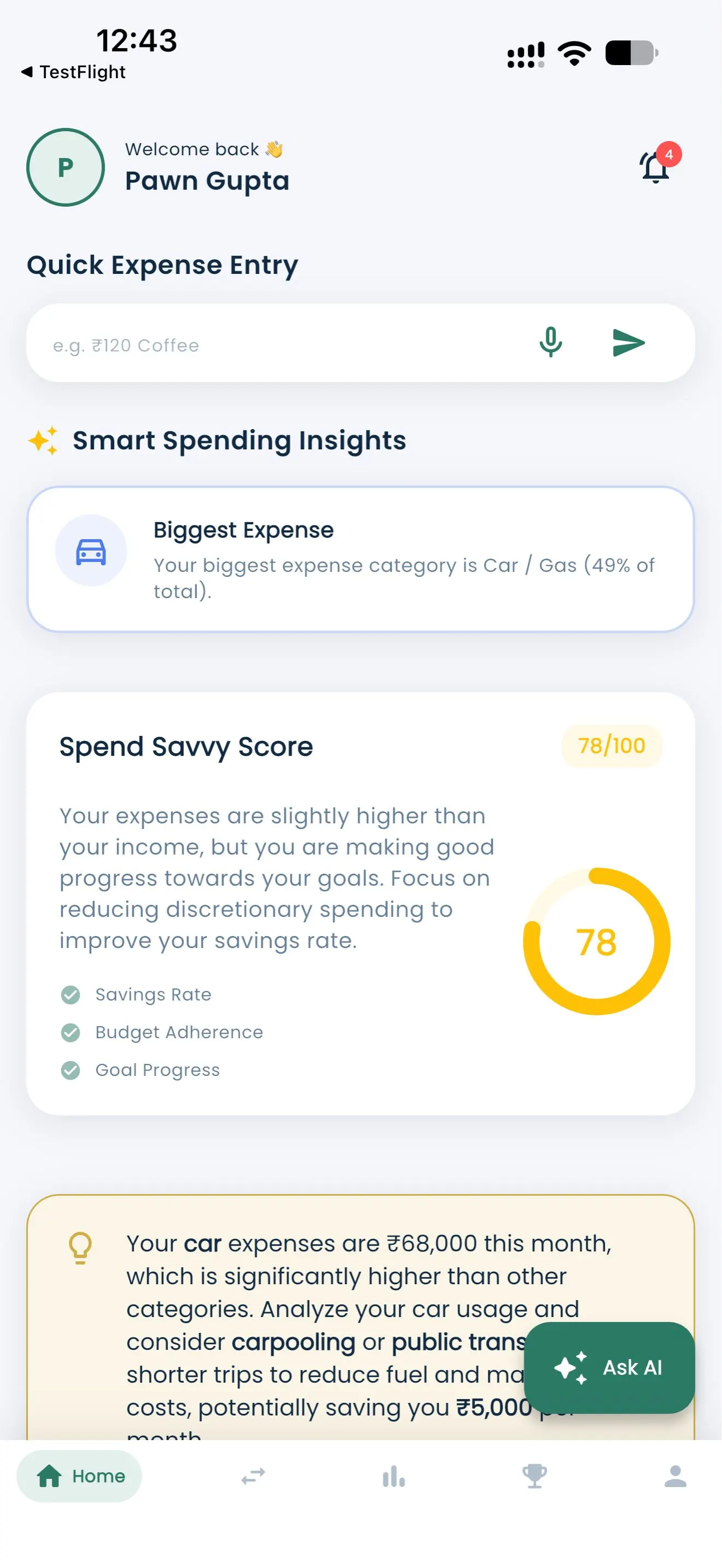 Spend Savvy home dashboard showing income, expenses, and transaction overview